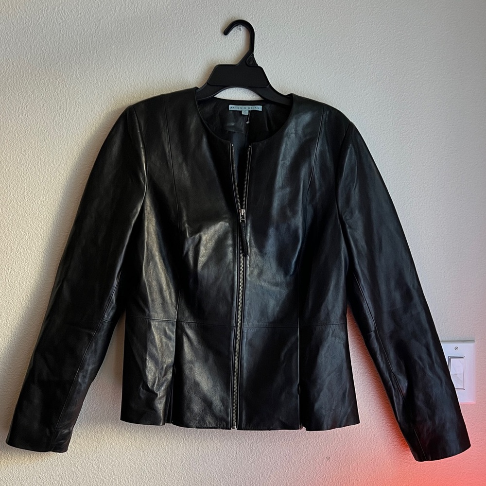 Antonio Melani Genuine Leather Jacket Women’s Large | Black Peplum Zip Moto